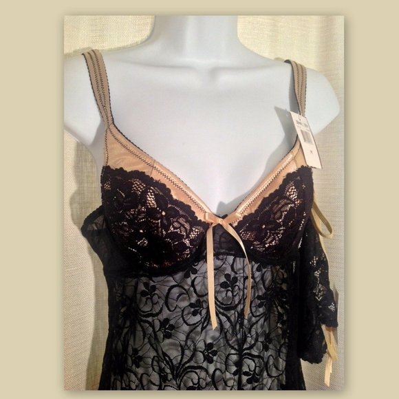 DONNA L'OREN Size Medium 2-Piece Sexy Sheer Black Lace Babydoll Nightie & Thong - Picture 2 of 6